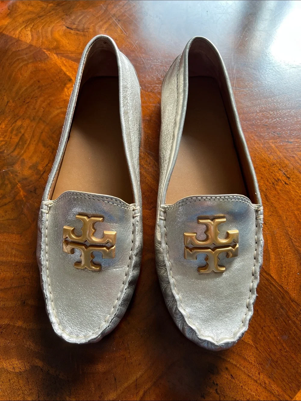 Tory Burch Silver Metallic Logo Driving Moccasins